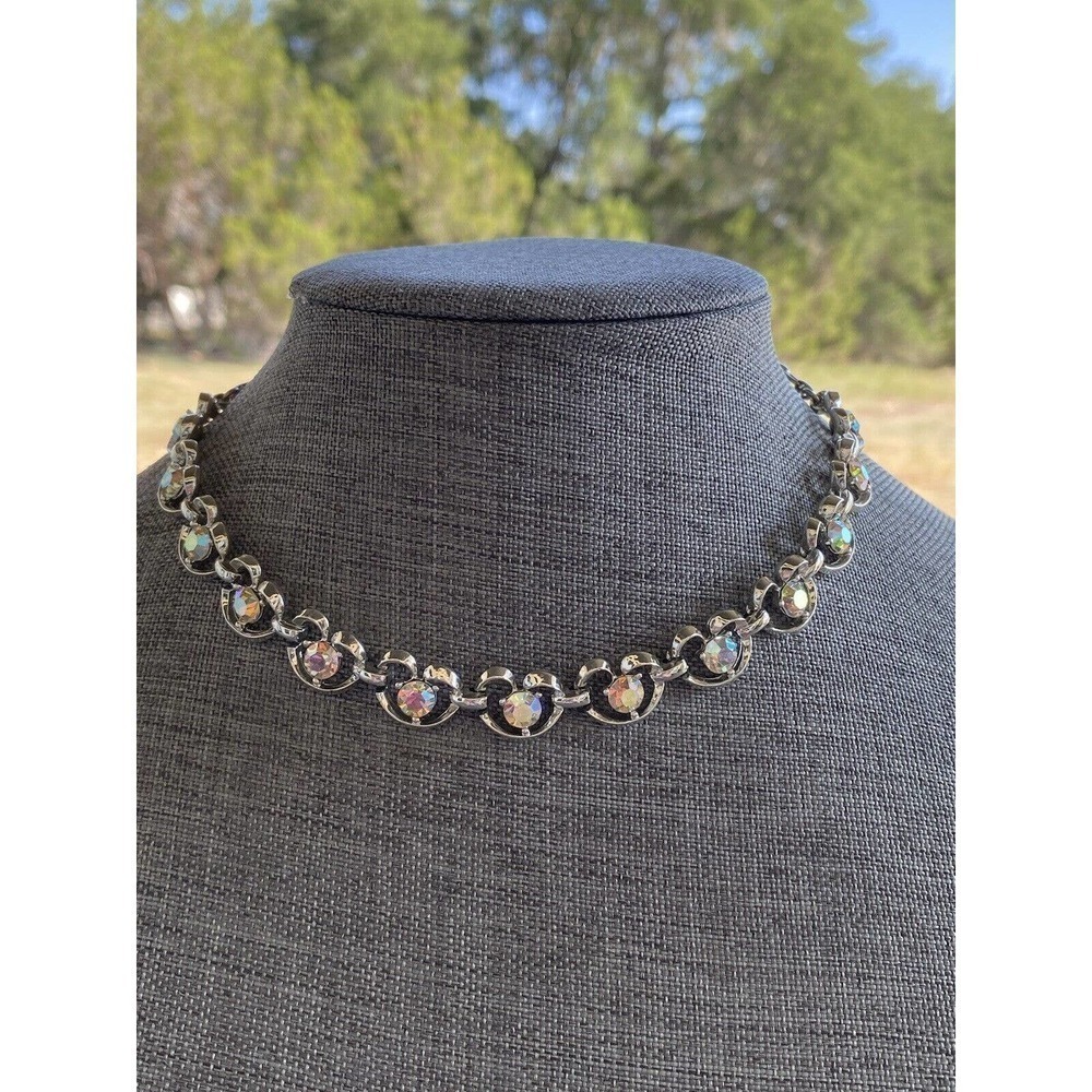 Vintage Necklace Silver Tone Crystal AB Hook Clasp Collar (Unmarked Coro) 15”